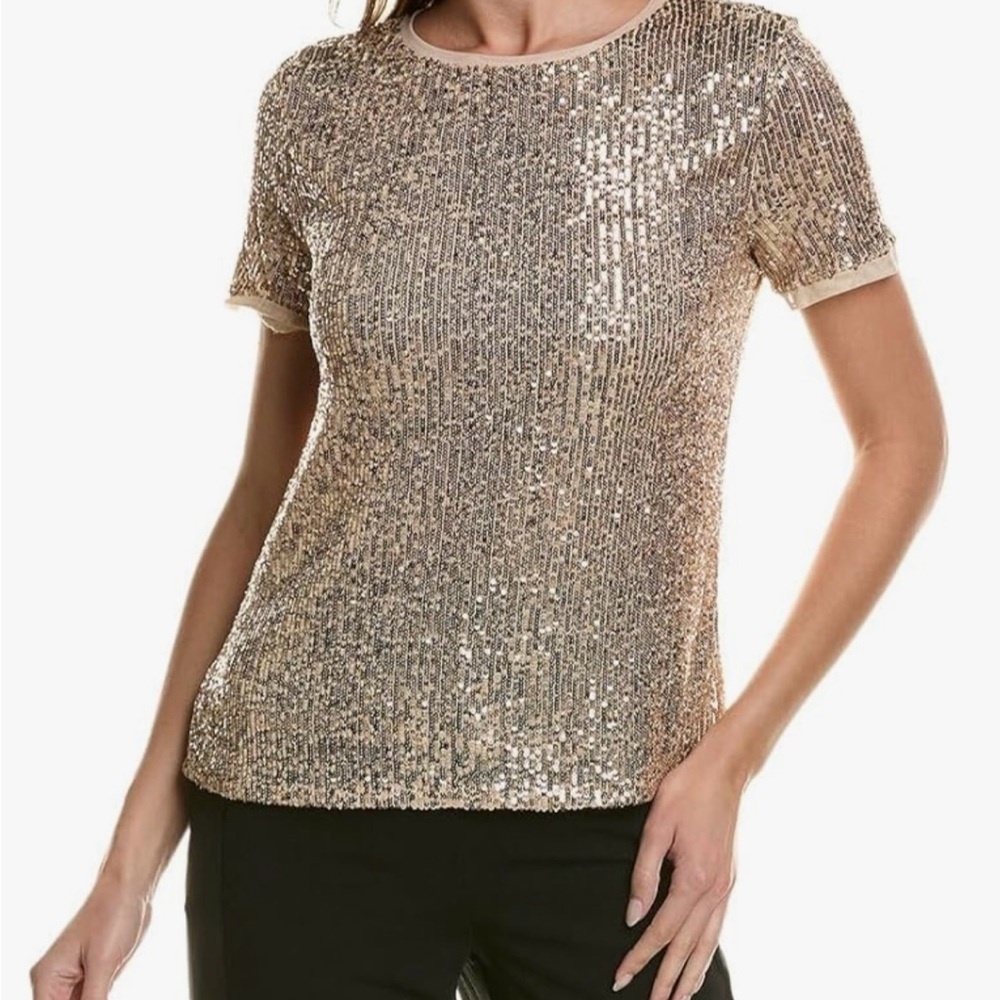 EUC Anne Klein Sparkly &‎ Shimmery Champagne Sequin Short Sleeve Top, Large